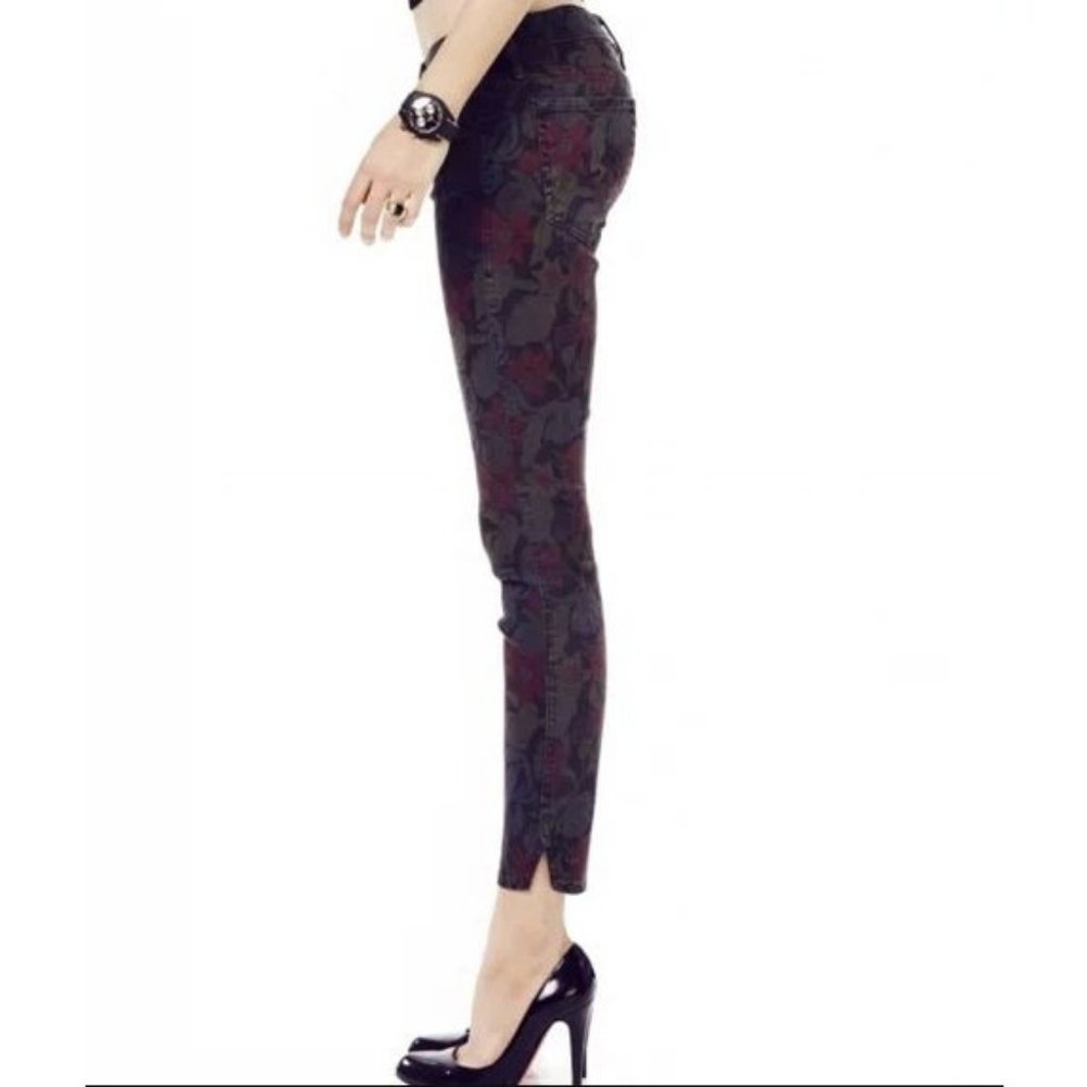 MOTHER Black Skinny Jeans with Burgundy Floral Jacquard